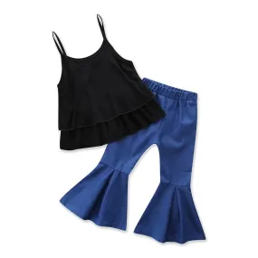 2 Pcs Girl Spaghetti Strap Tops And Denim Flare Pants