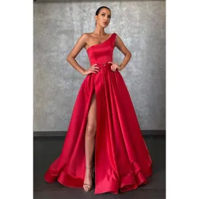 A-line Red Satin One Shoulde High Split Long Prom Dress with Pockets