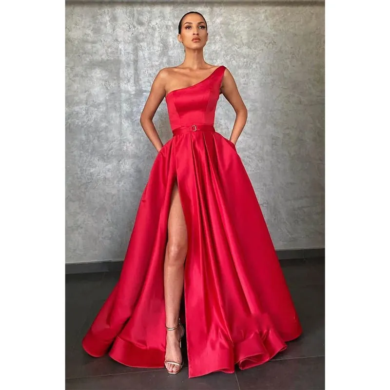 A-line Red Satin One Shoulde High Split Long Prom Dress with Pockets
