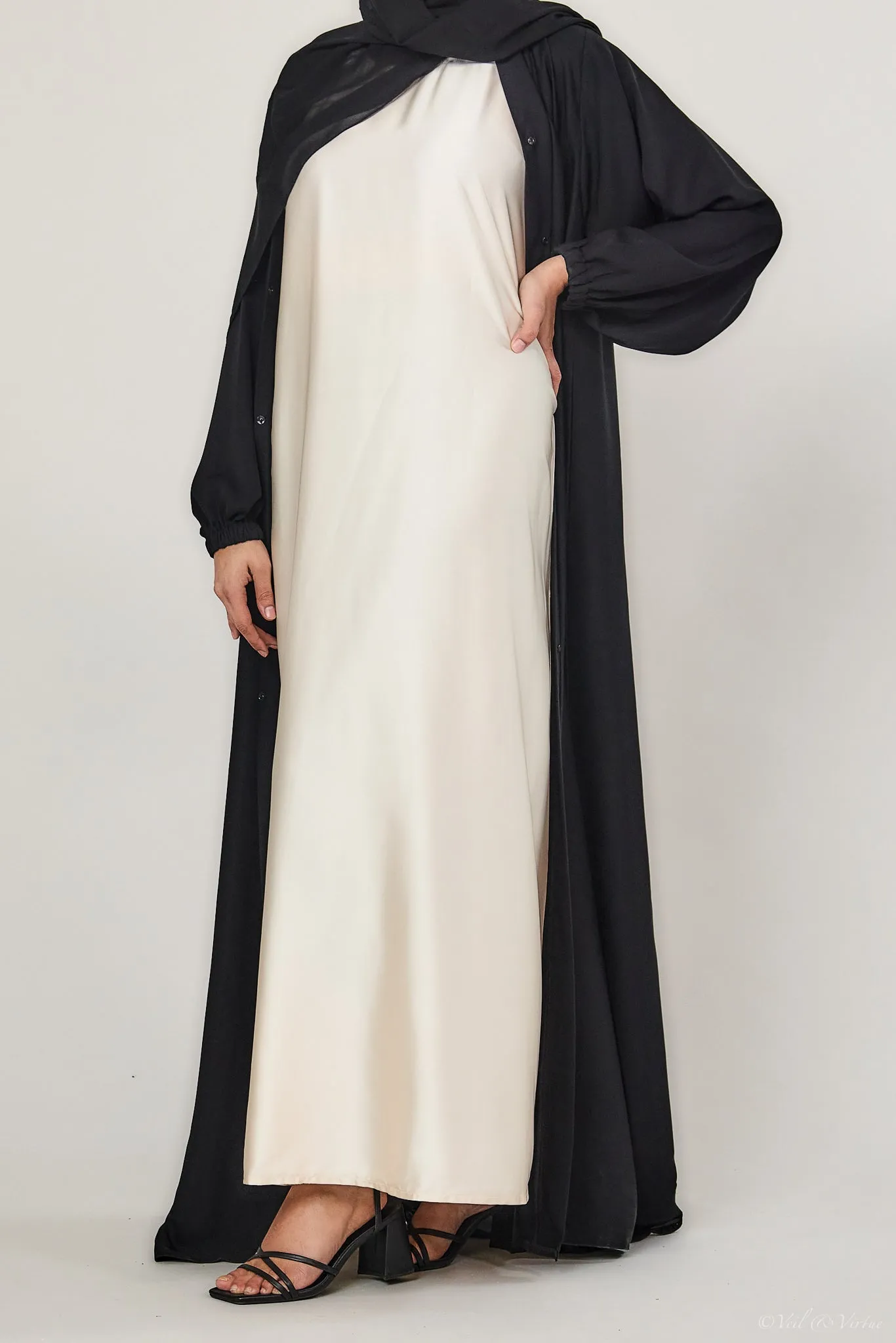 Almond Short-Sleeved Satin Abaya Slip Dress