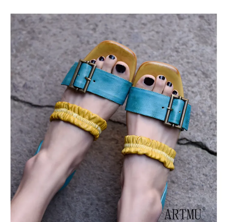 ARTMU COLOR BLOCK BUCKLE DETAIL FLAT SANDALS IN BLUE YELLOW