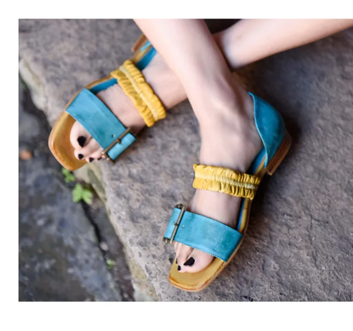 ARTMU COLOR BLOCK BUCKLE DETAIL FLAT SANDALS IN BLUE YELLOW