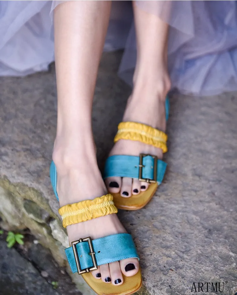 ARTMU COLOR BLOCK BUCKLE DETAIL FLAT SANDALS IN BLUE YELLOW