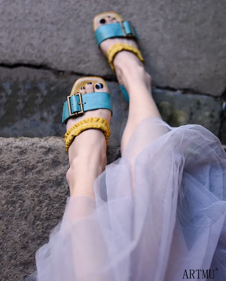 ARTMU COLOR BLOCK BUCKLE DETAIL FLAT SANDALS IN BLUE YELLOW