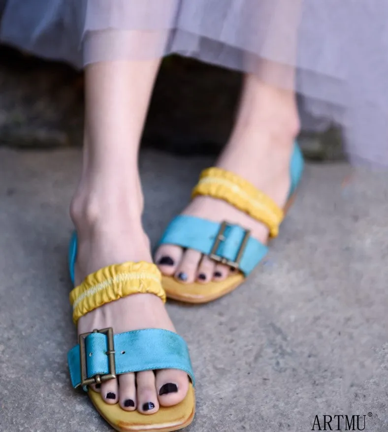 ARTMU COLOR BLOCK BUCKLE DETAIL FLAT SANDALS IN BLUE YELLOW