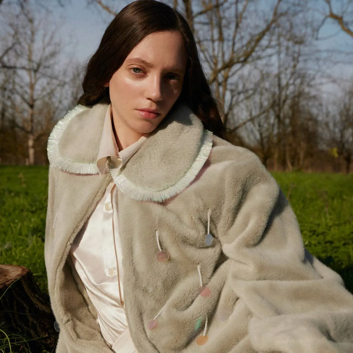 Aurora Sequined Water Green Faux Fur Coat