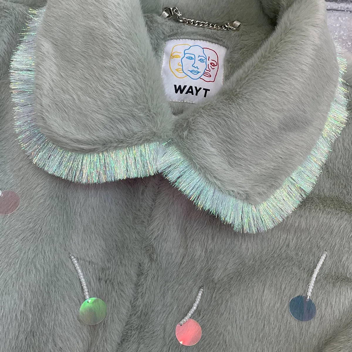 Aurora Sequined Water Green Faux Fur Coat