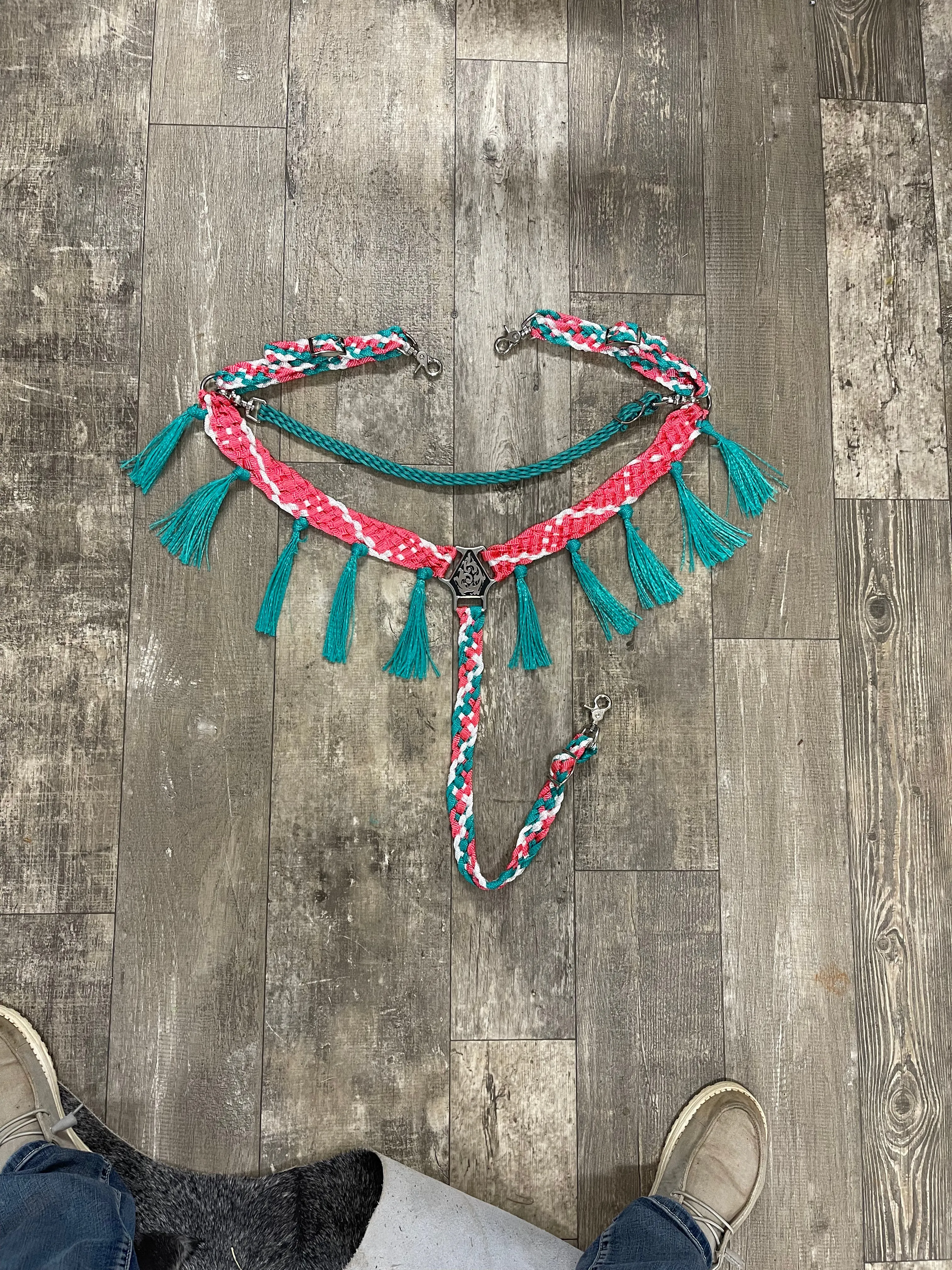 Average horse breast collar mule tape salmon pink and green turquoise