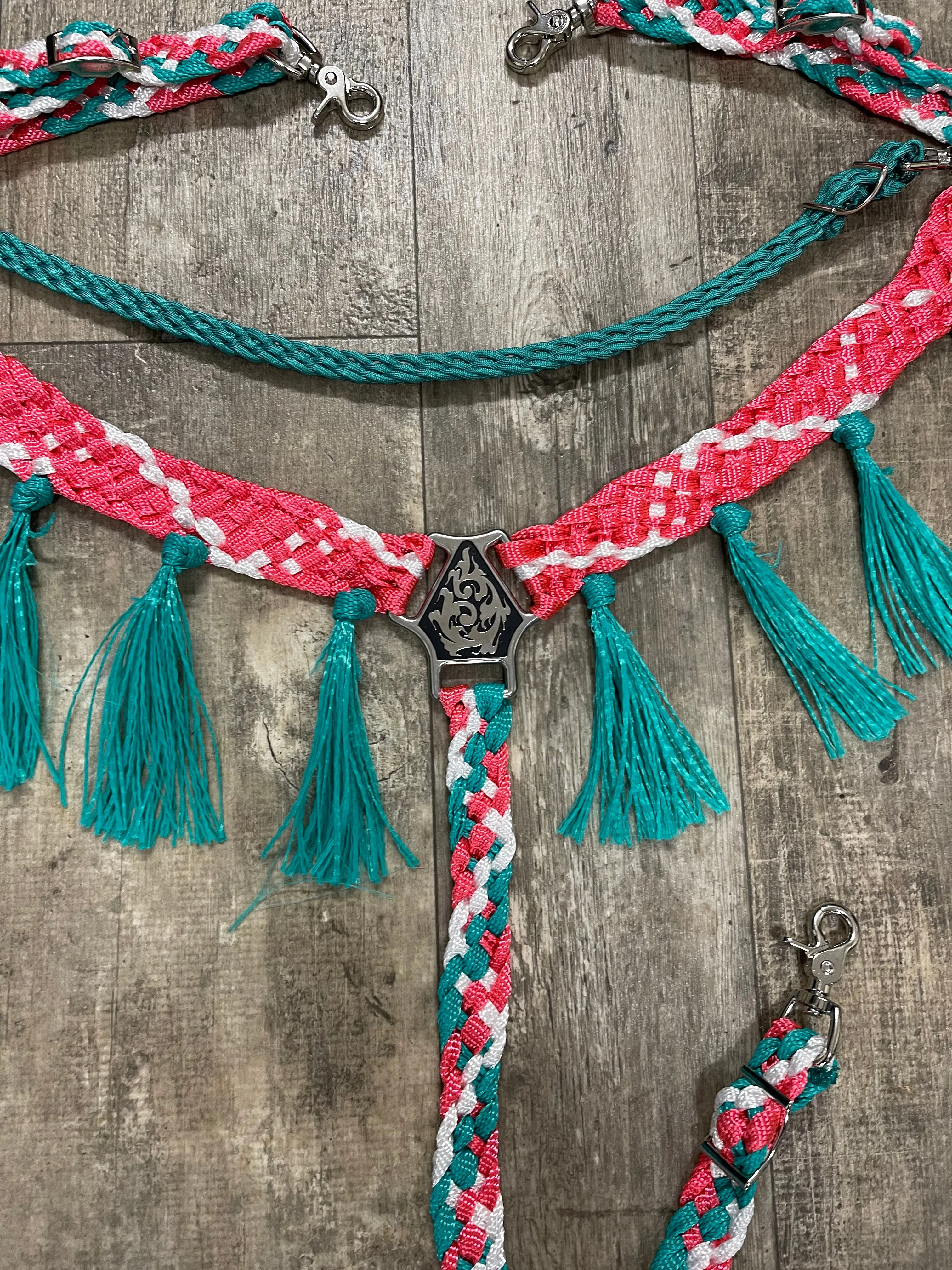 Average horse breast collar mule tape salmon pink and green turquoise