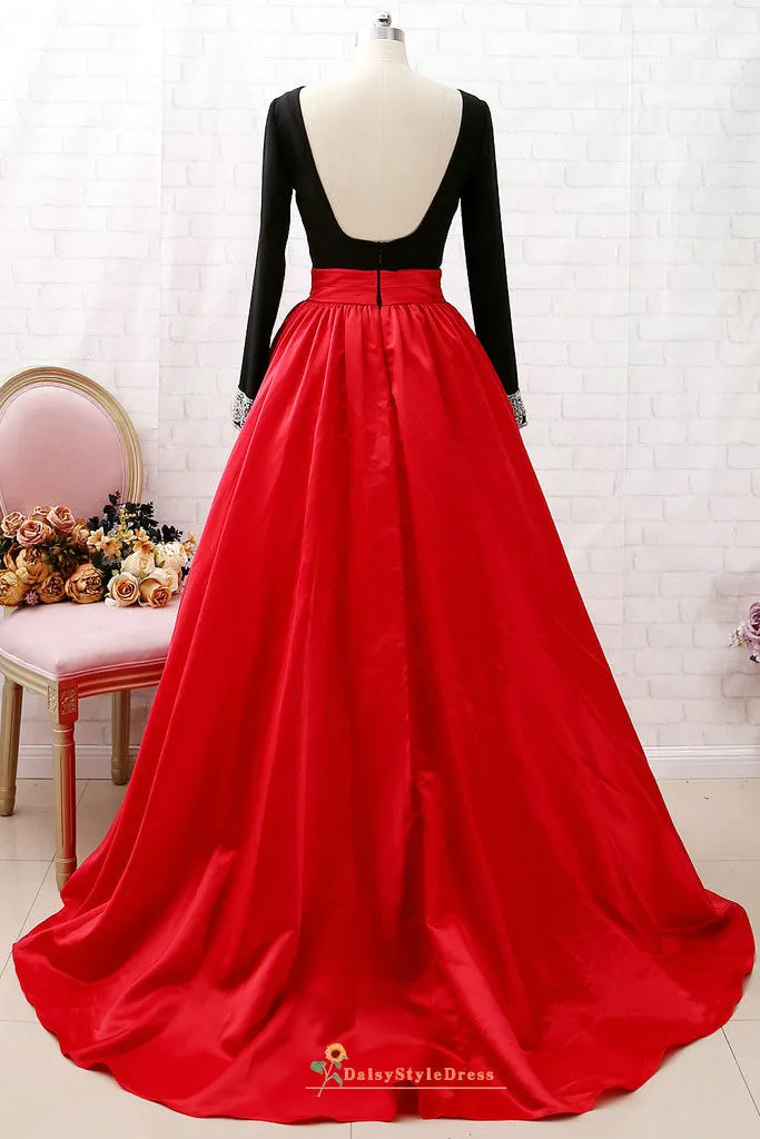 Ball Gown Long Sleeve Black and Red Prom Dress