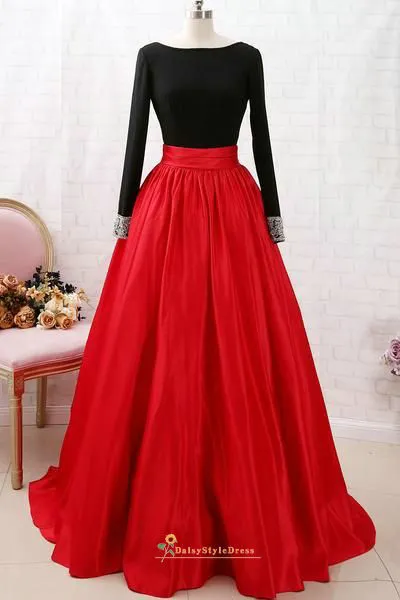 Ball Gown Long Sleeve Black and Red Prom Dress