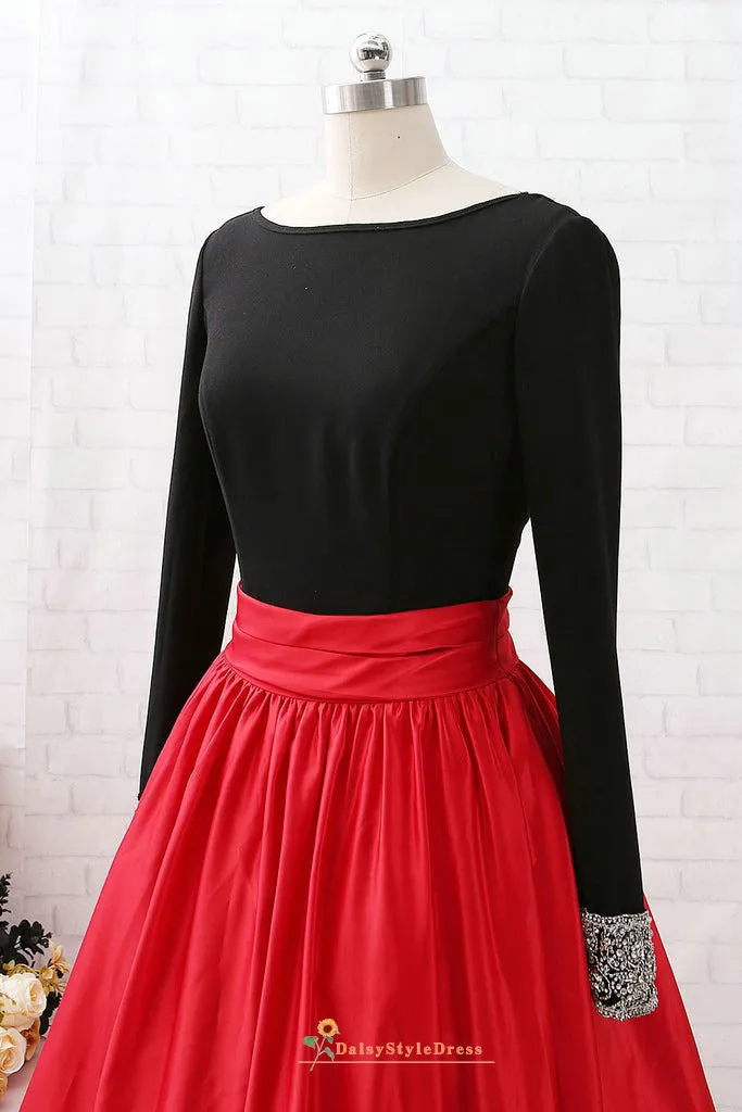 Ball Gown Long Sleeve Black and Red Prom Dress