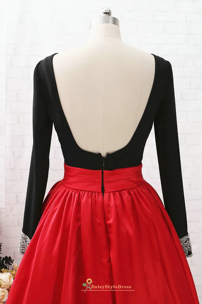 Ball Gown Long Sleeve Black and Red Prom Dress