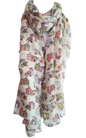 Beach Huts Print Scarf Womens Holiday Sun Summer Fashion Light Large Wrap Cream - 780