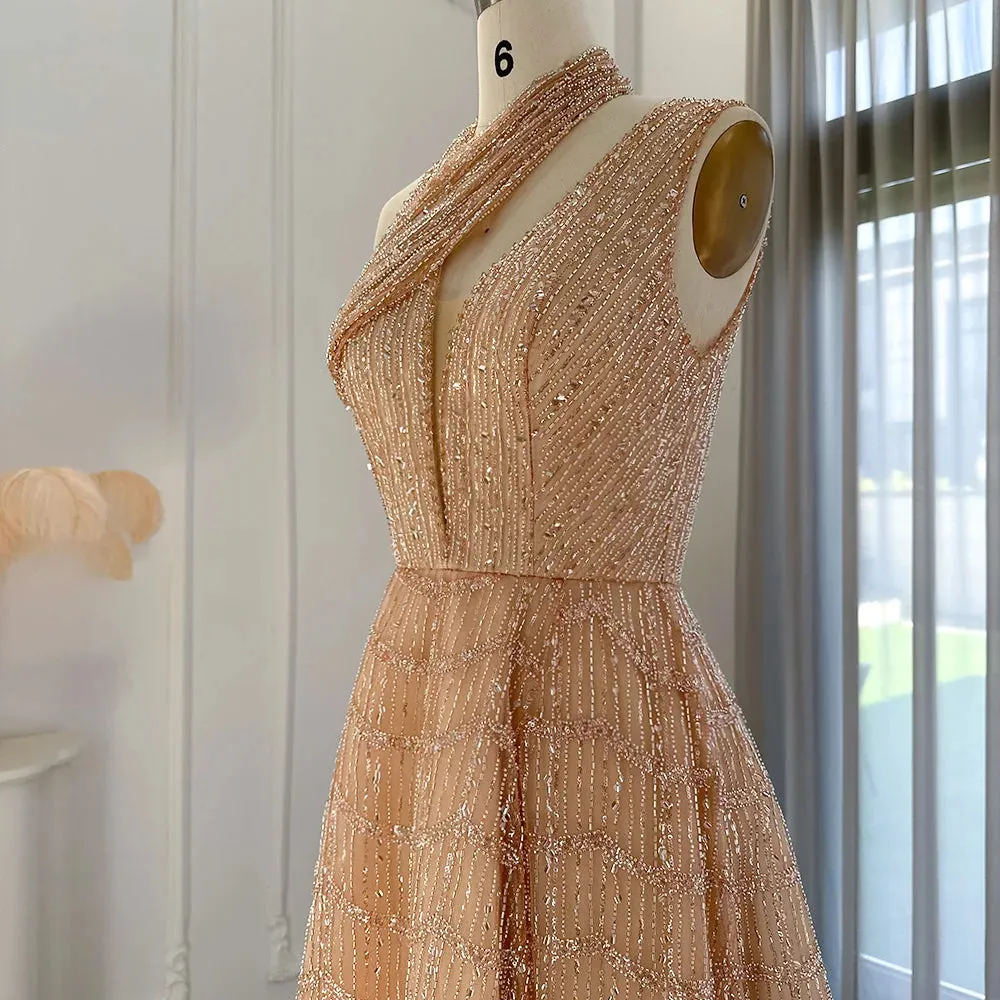 Beaded Lilac Halter Neck Evening Gown