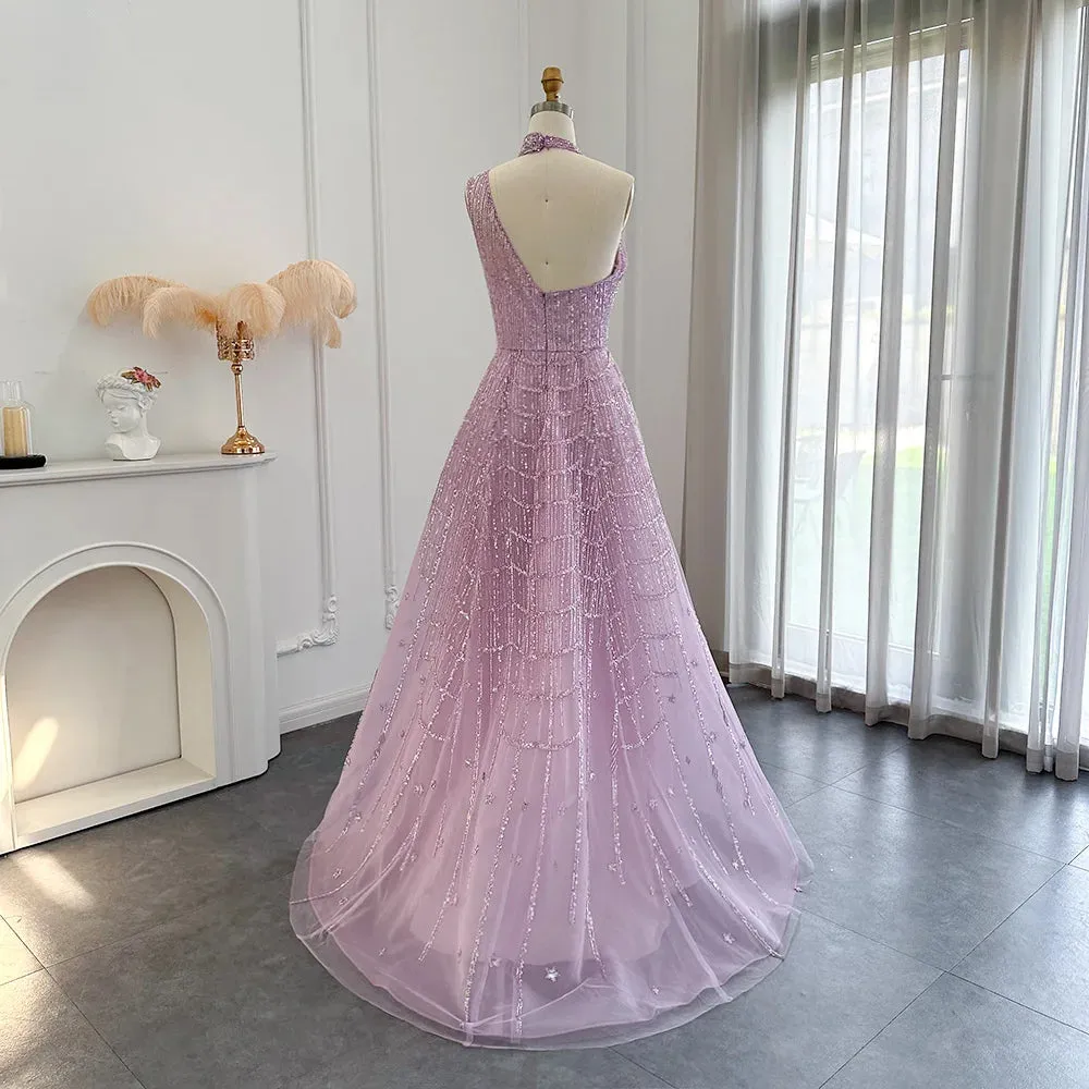 Beaded Lilac Halter Neck Evening Gown