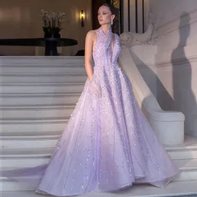 Beaded Lilac Halter Neck Evening Gown