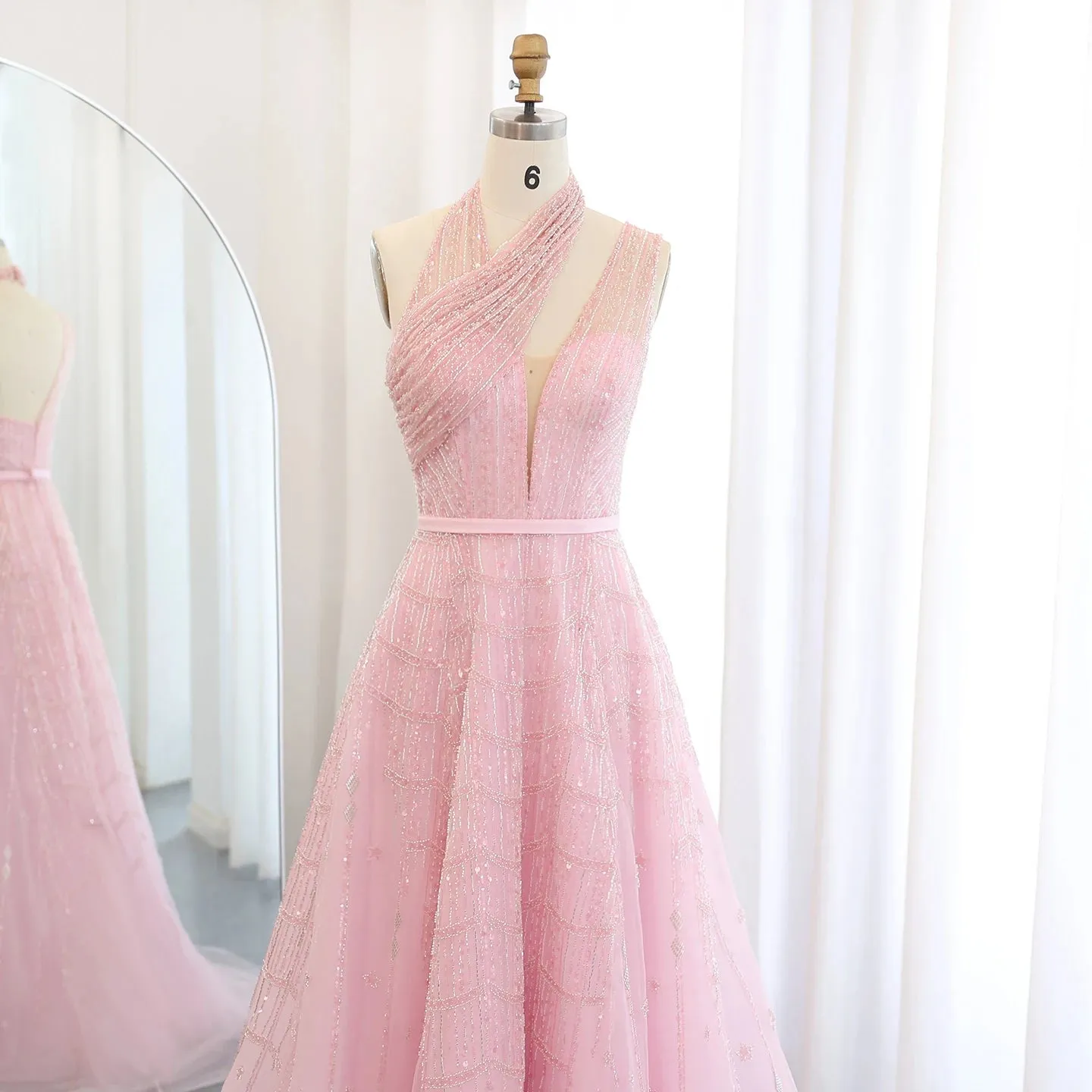Beaded Lilac Halter Neck Evening Gown