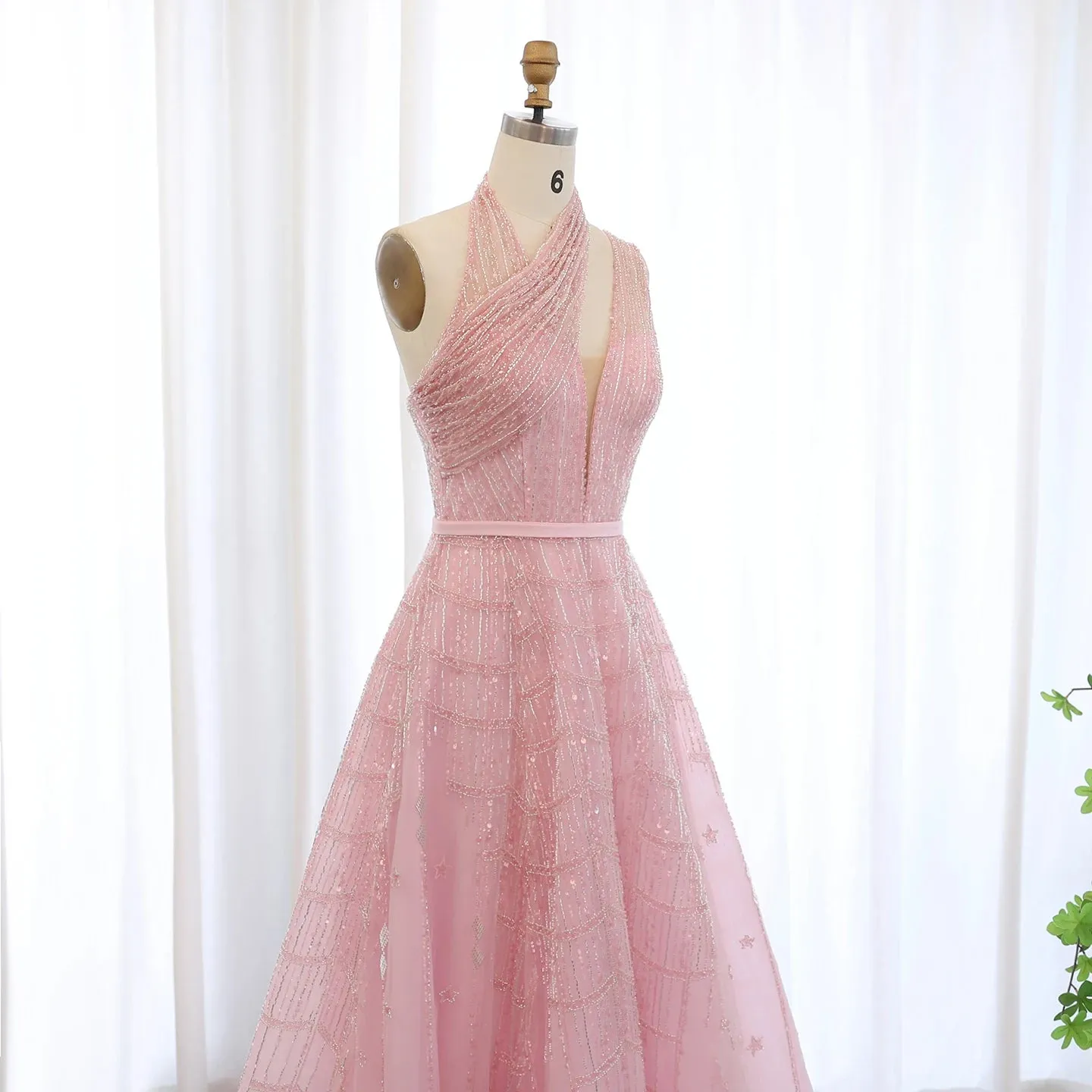 Beaded Lilac Halter Neck Evening Gown