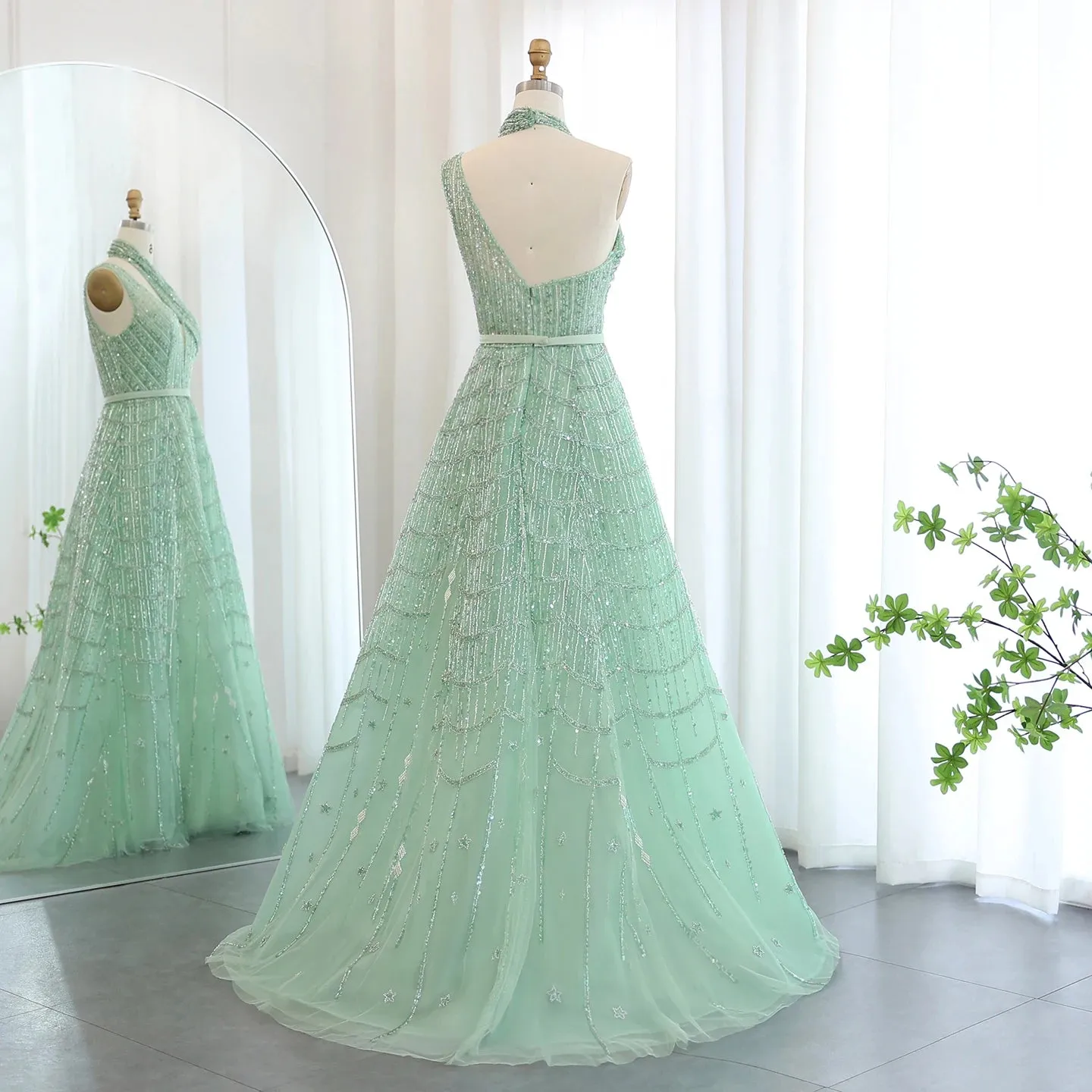 Beaded Lilac Halter Neck Evening Gown