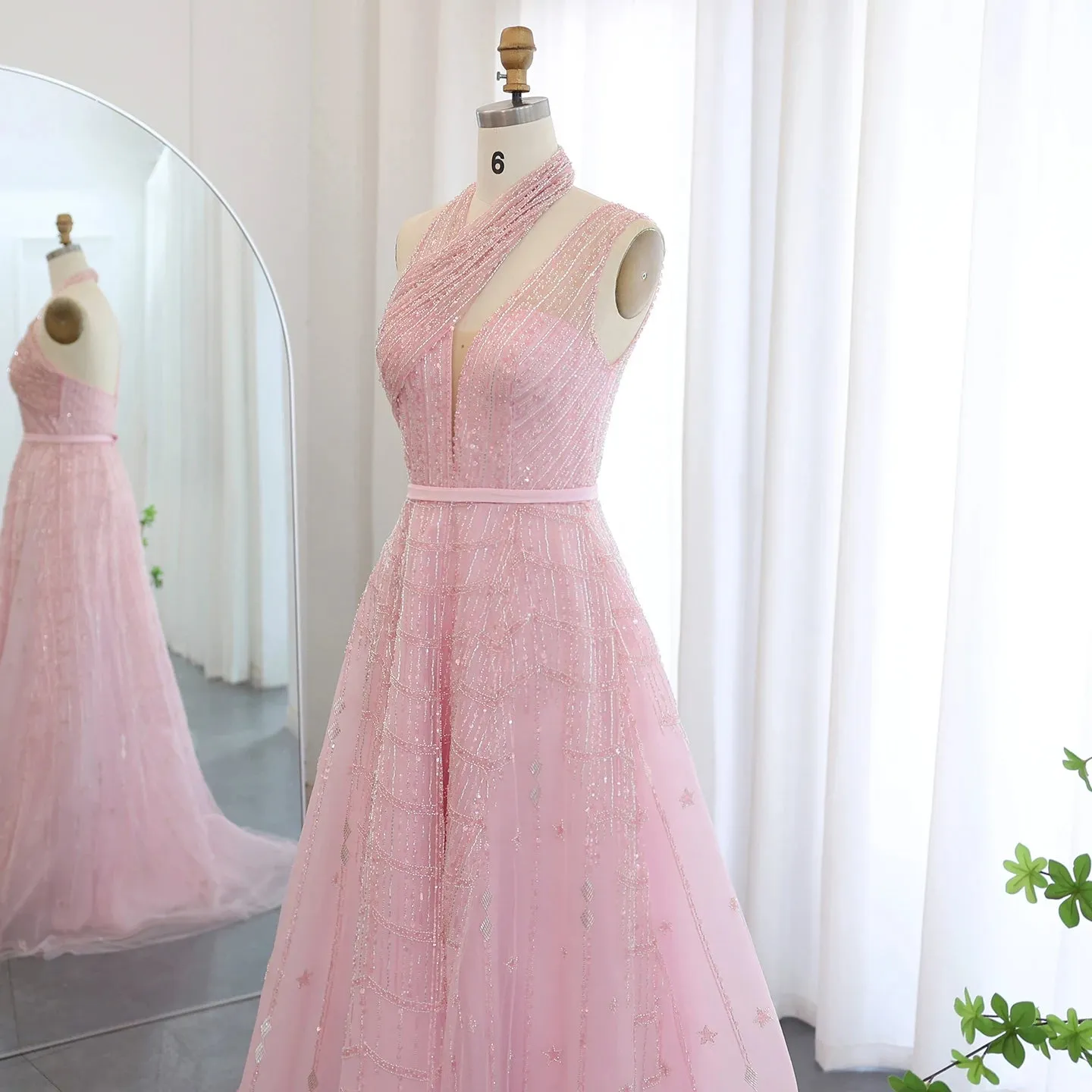 Beaded Lilac Halter Neck Evening Gown
