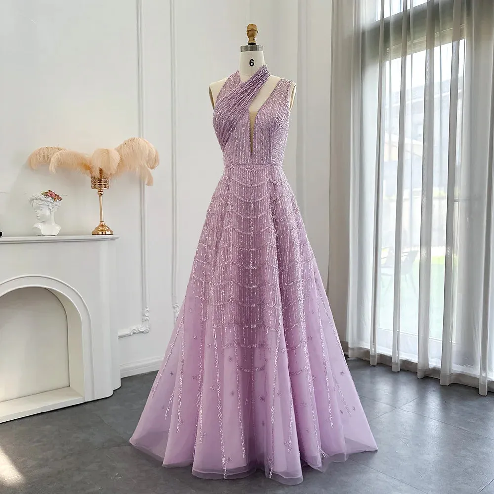 Beaded Lilac Halter Neck Evening Gown