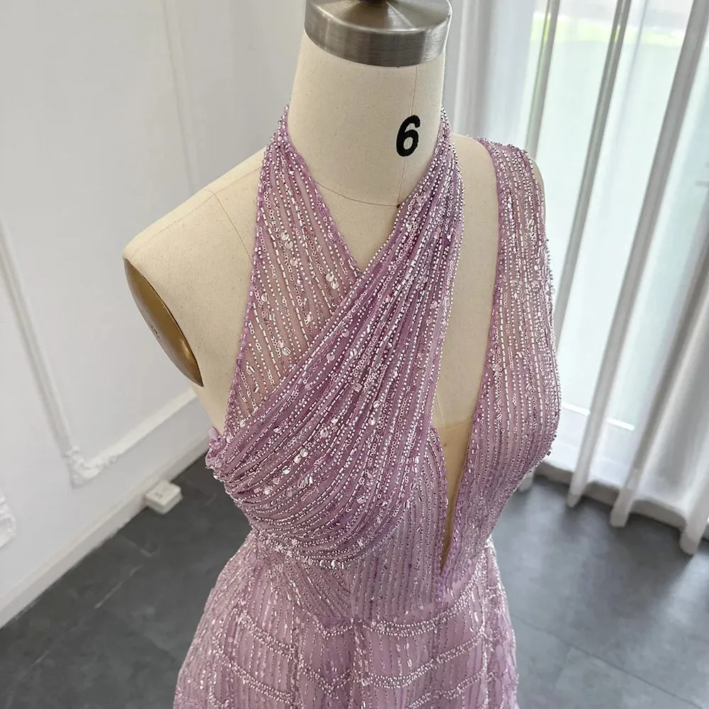 Beaded Lilac Halter Neck Evening Gown