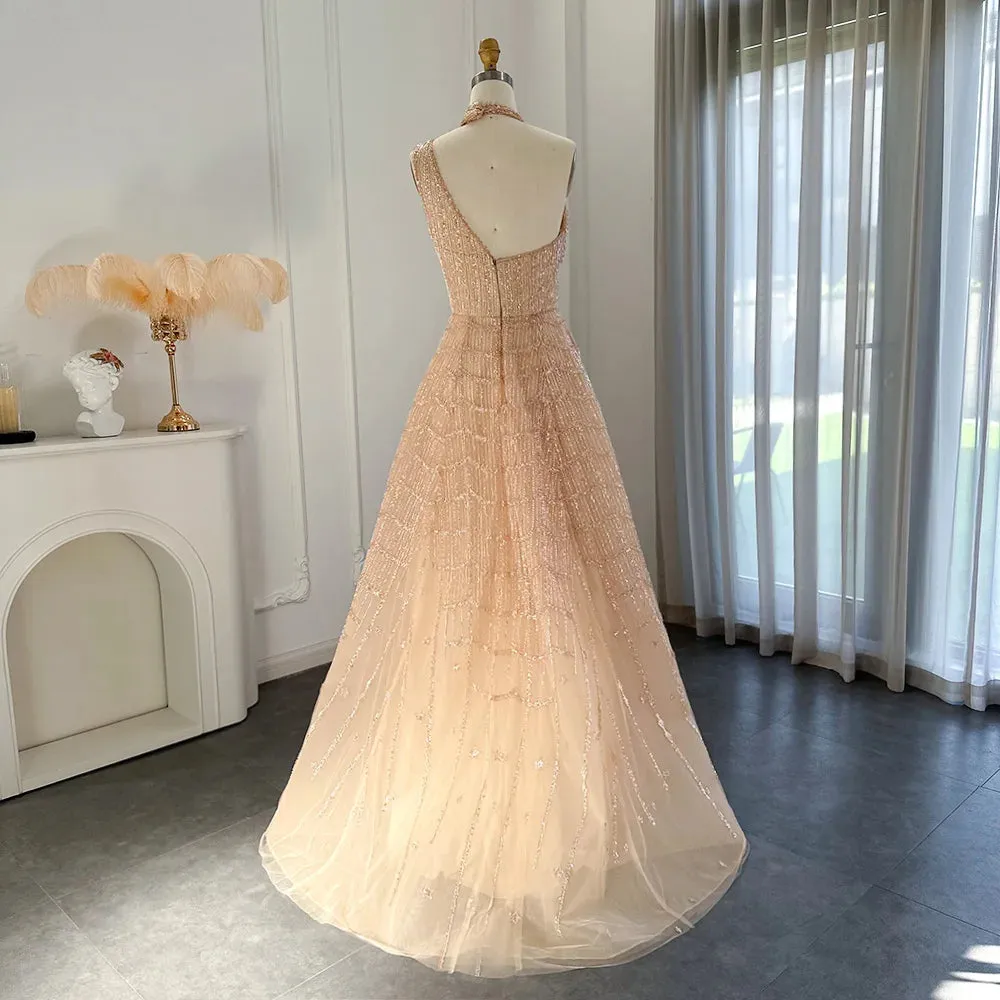 Beaded Lilac Halter Neck Evening Gown