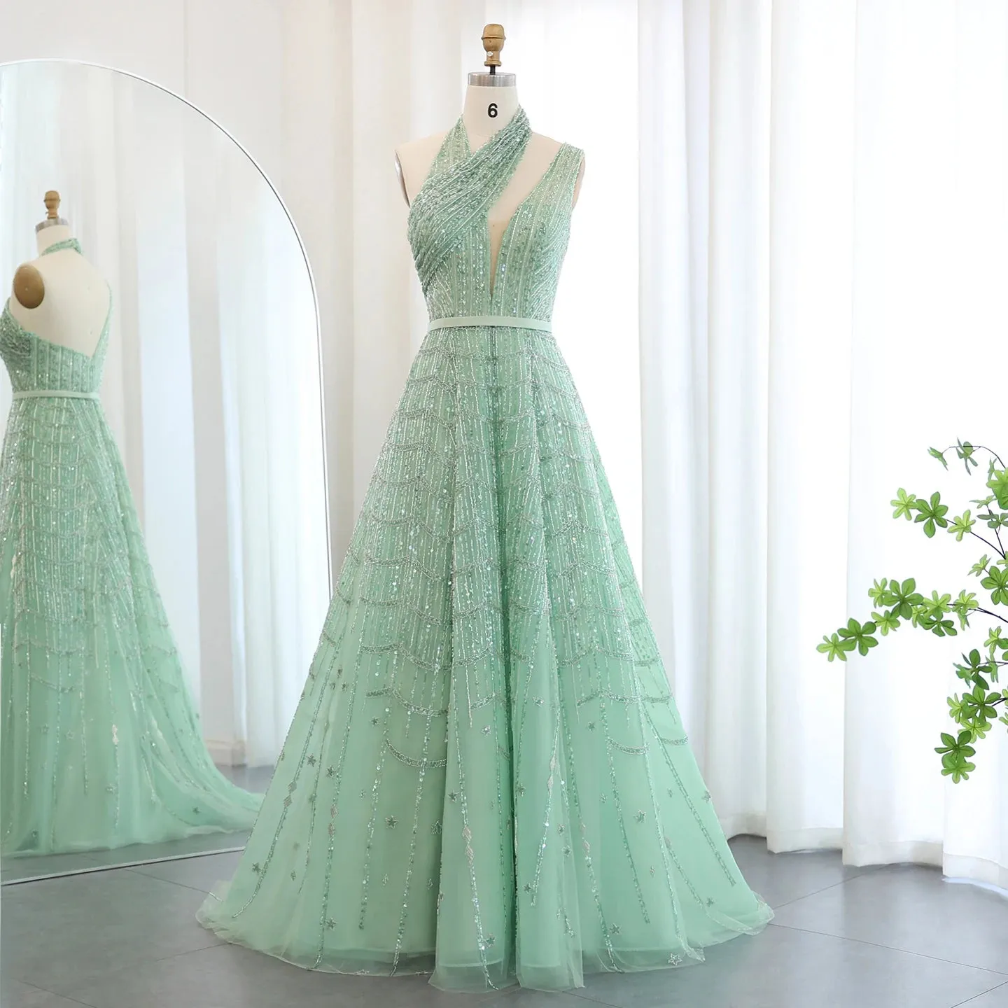 Beaded Lilac Halter Neck Evening Gown