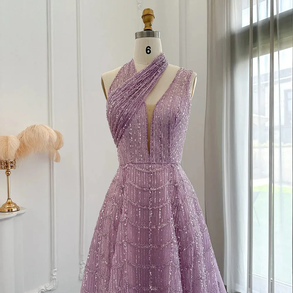 Beaded Lilac Halter Neck Evening Gown