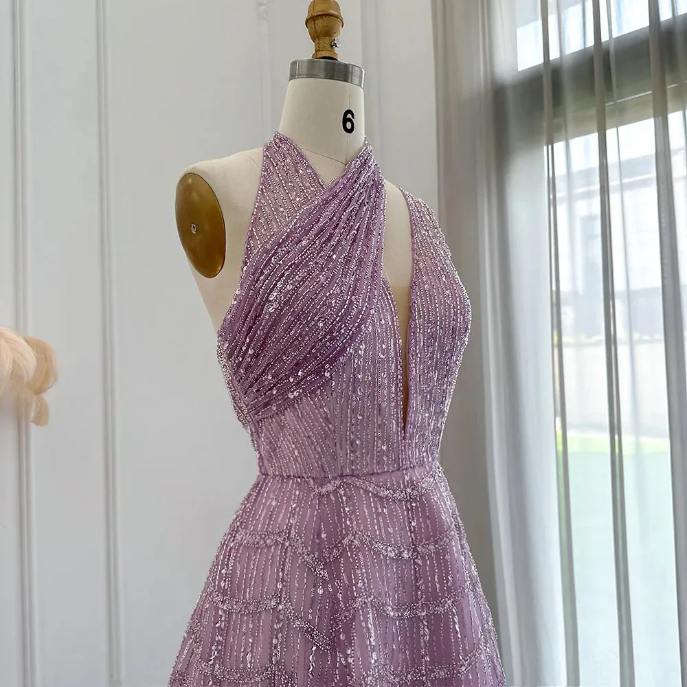 Beaded Lilac Halter Neck Evening Gown