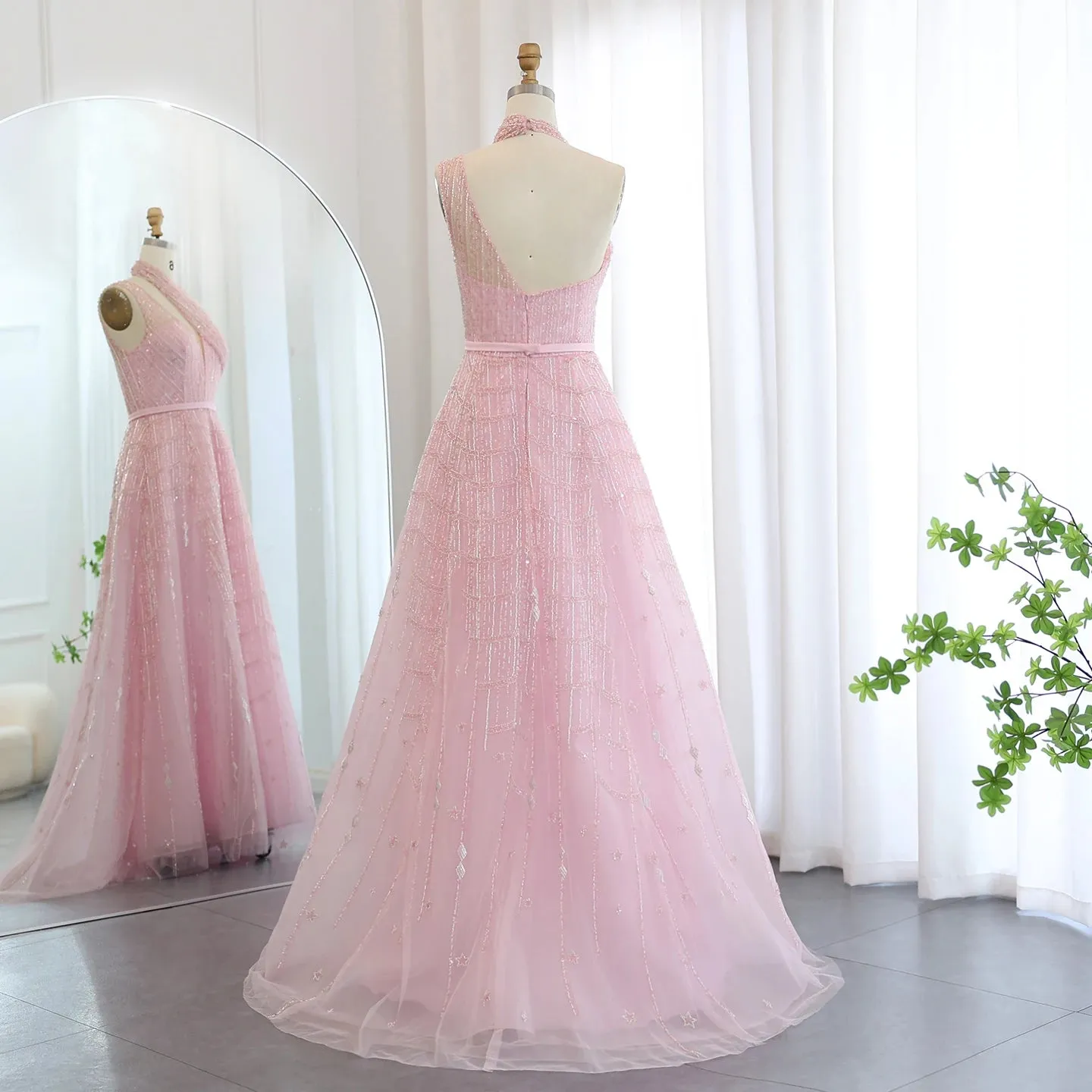 Beaded Lilac Halter Neck Evening Gown