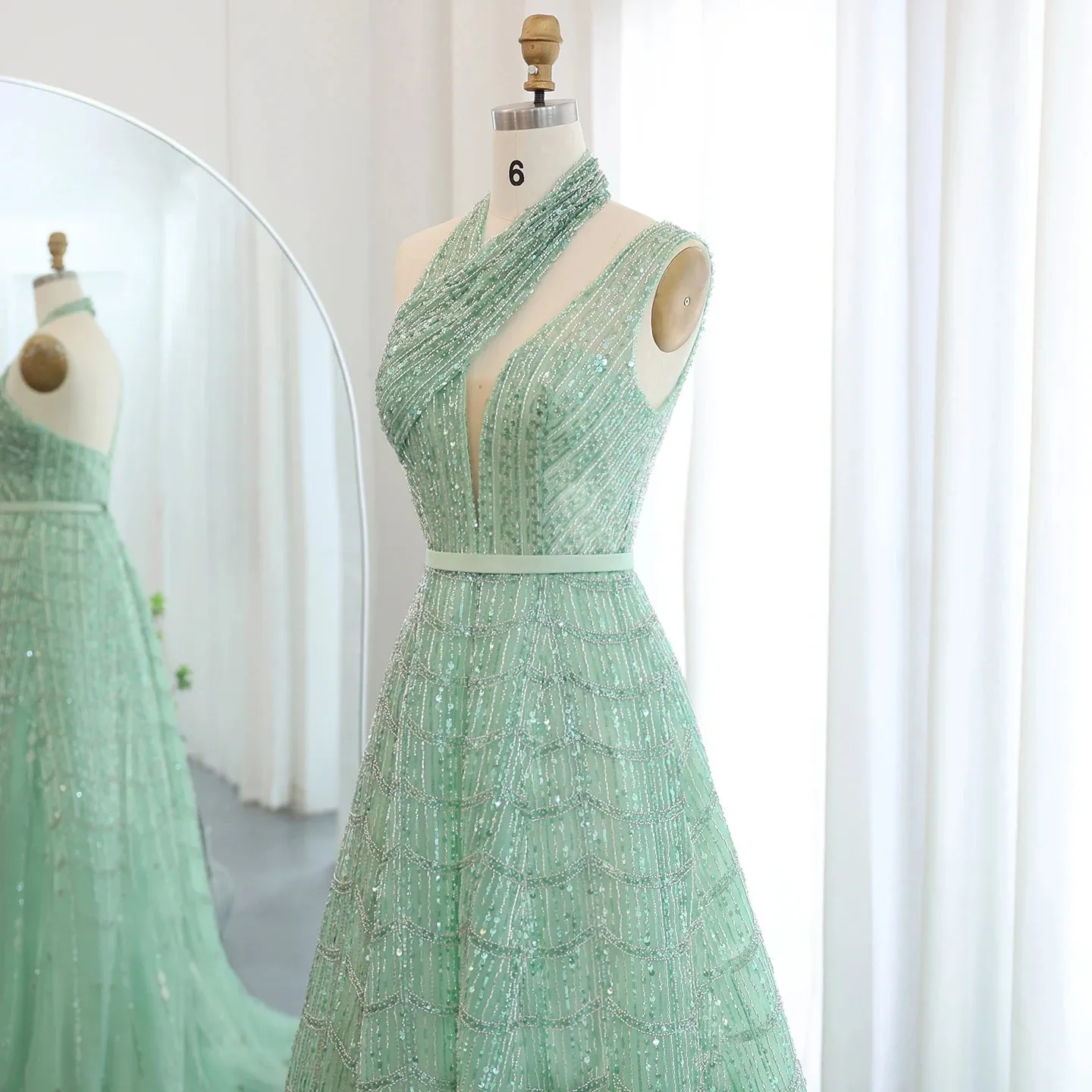 Beaded Lilac Halter Neck Evening Gown