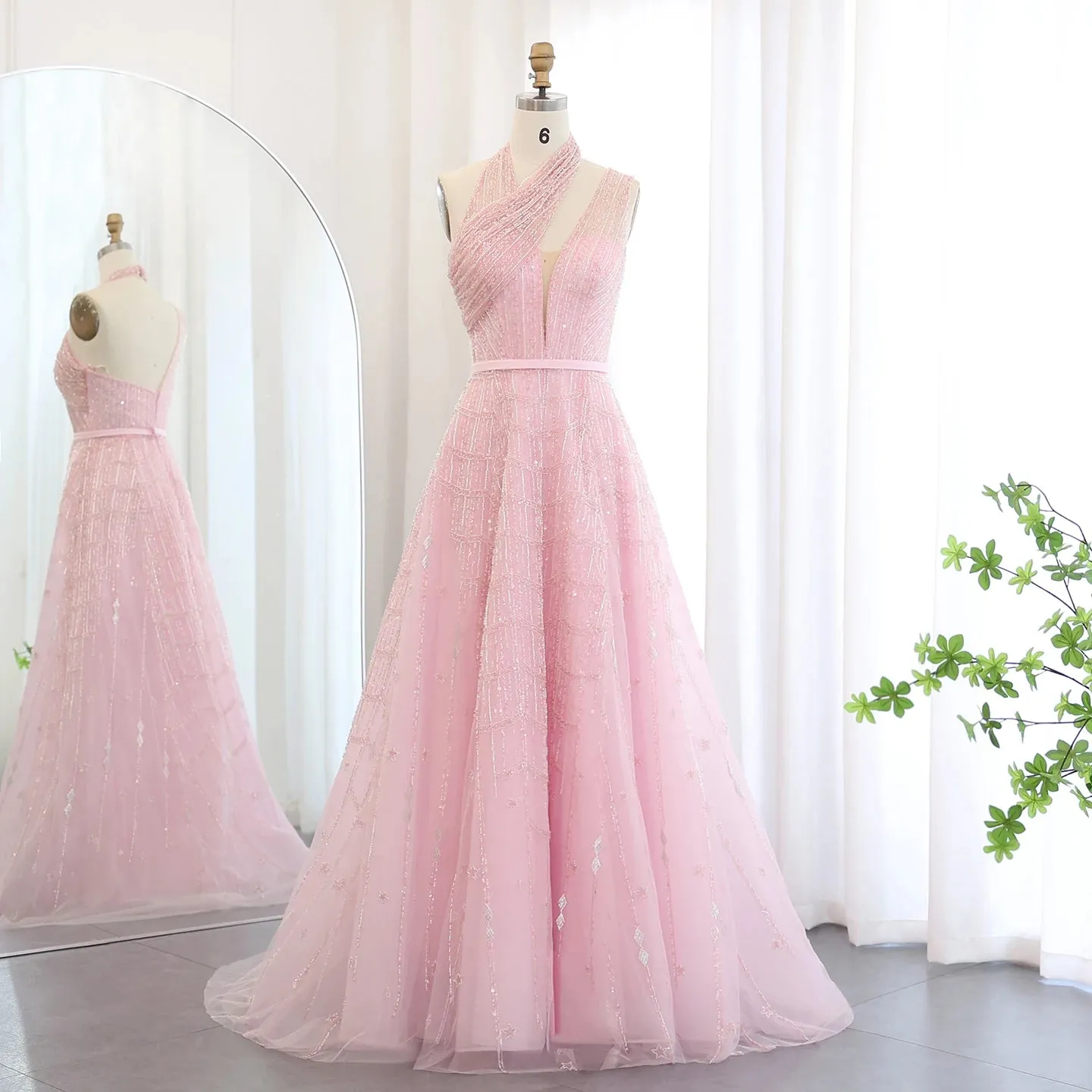 Beaded Lilac Halter Neck Evening Gown