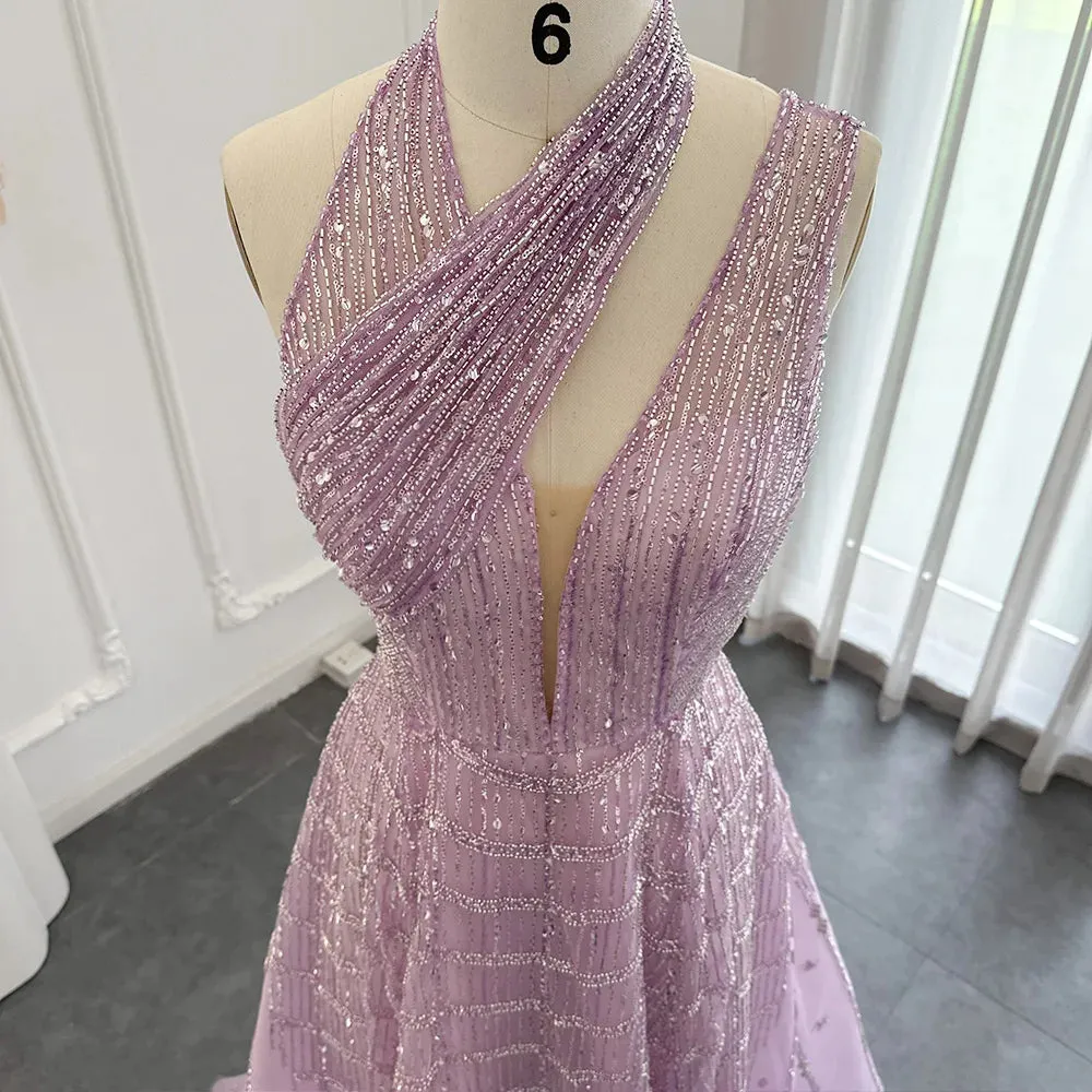 Beaded Lilac Halter Neck Evening Gown