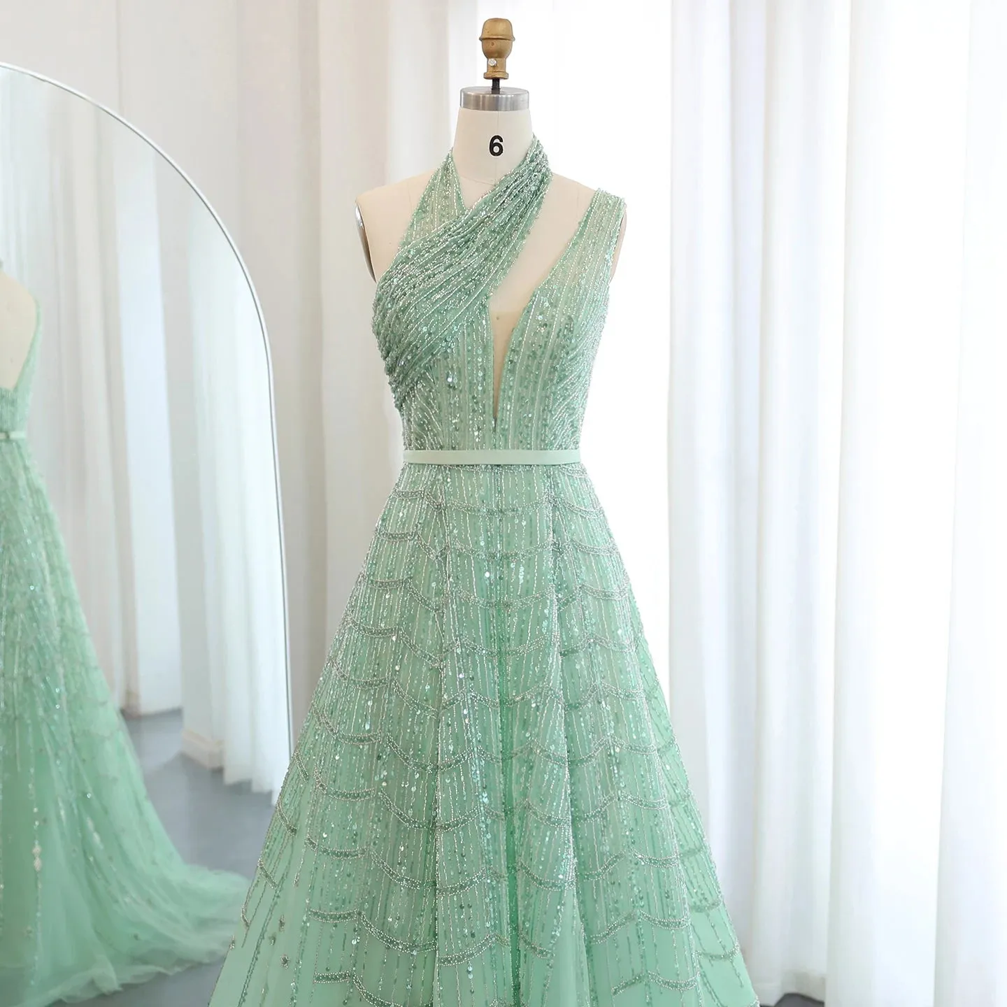 Beaded Lilac Halter Neck Evening Gown