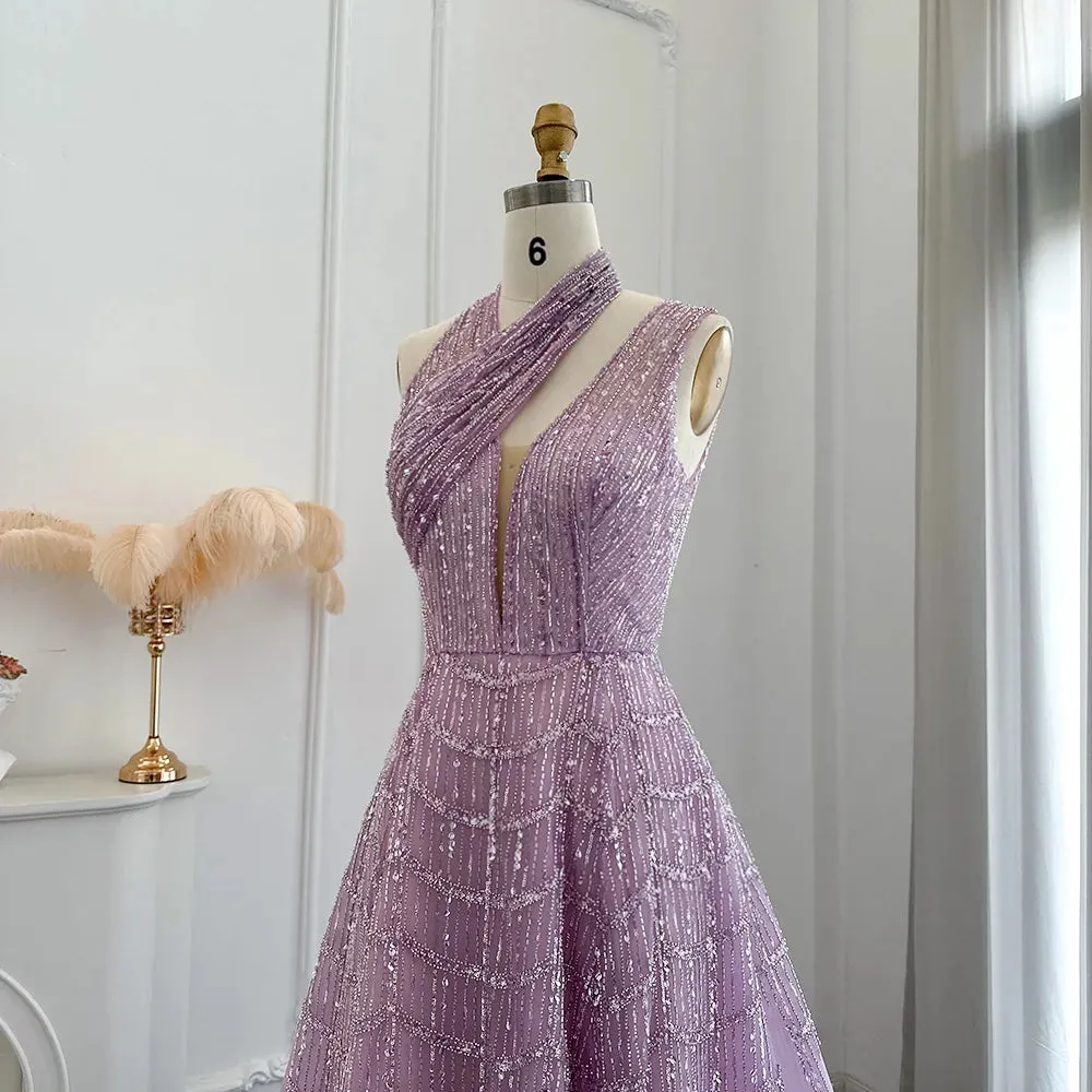 Beaded Lilac Halter Neck Evening Gown