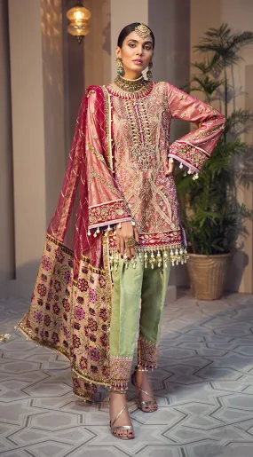Beautiful embroidered Pakistani net dress in pink and red color # P2348