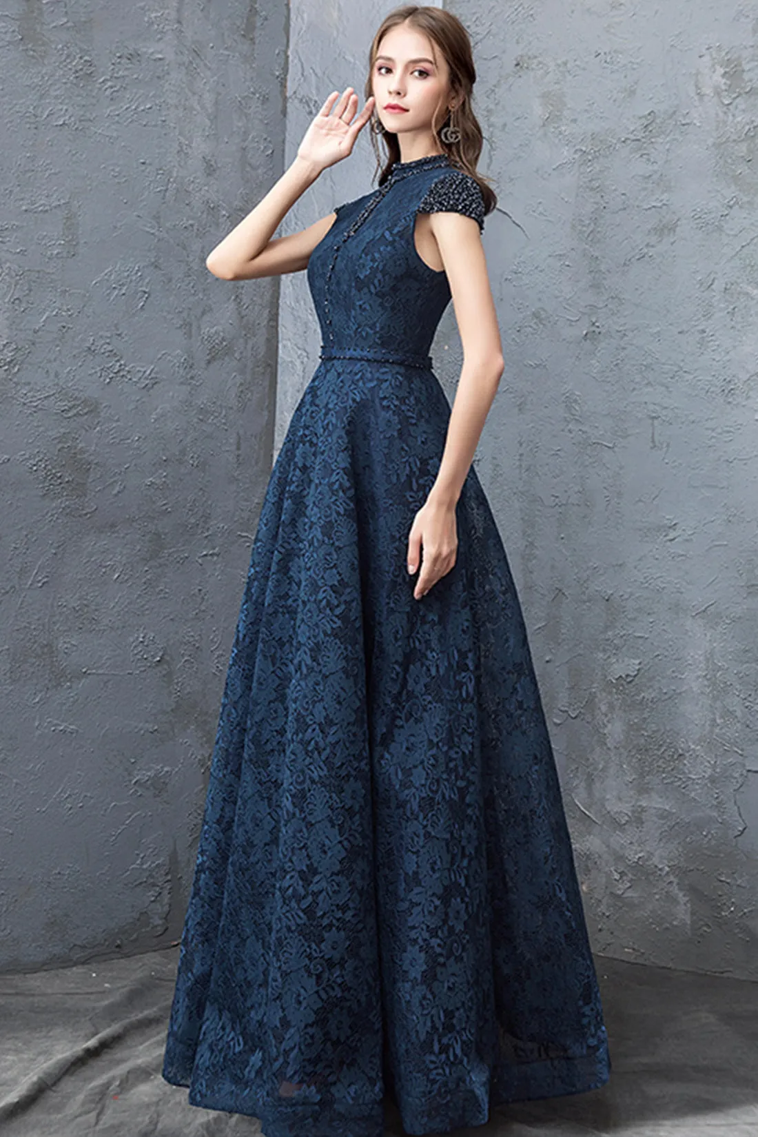 Beautiful Navy Blue Evening Dresses, Blue Lace Floor Length Prom Dresses