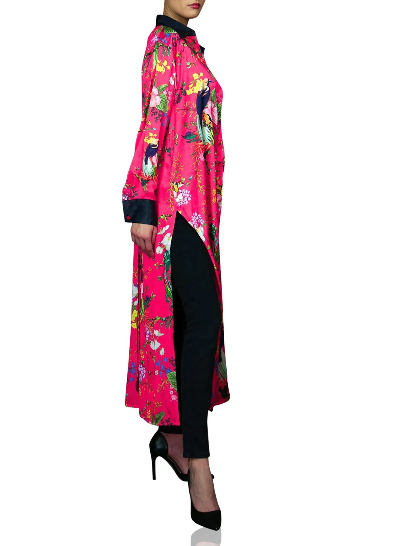 Bird Print Button Down Shirt Dress