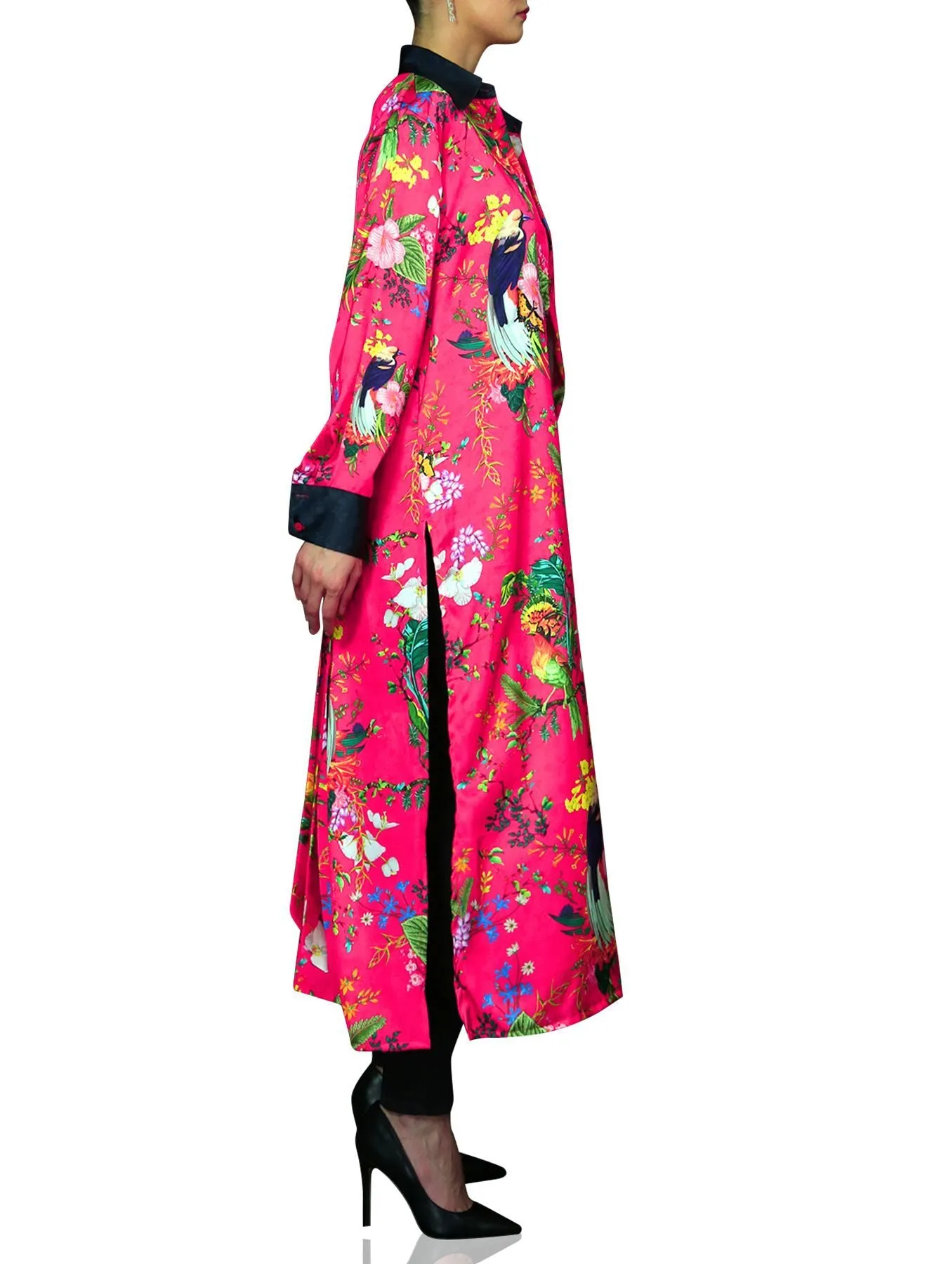 Bird Print Button Down Shirt Dress