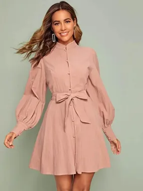 Bishop Sleeve Covered Button Belted Shirt Dress