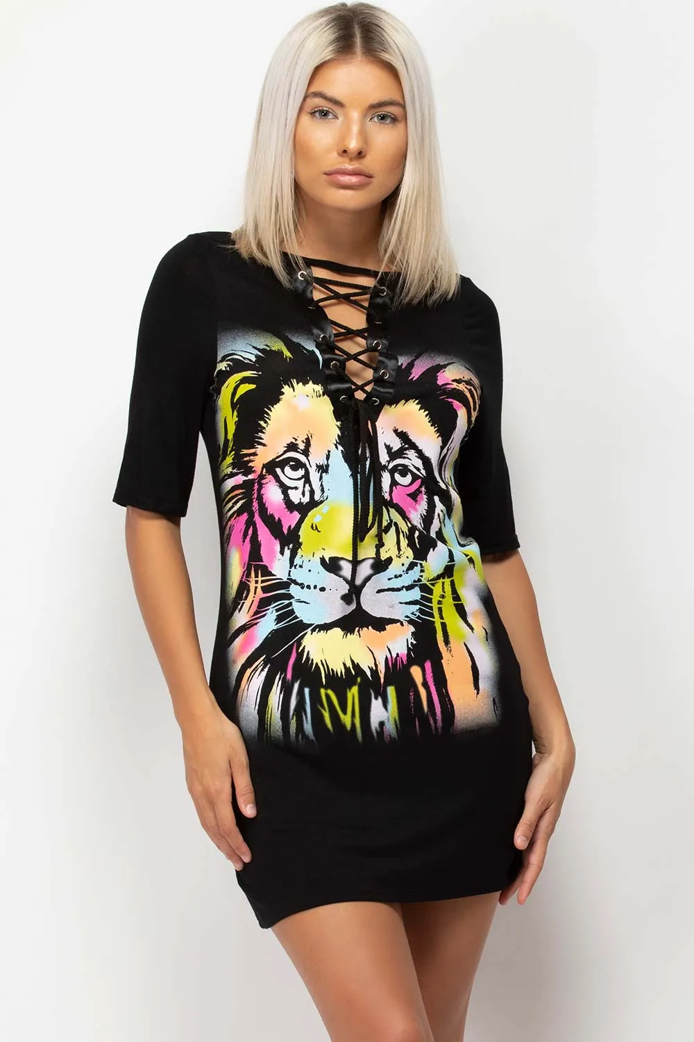 Black Tiger Print T Shirt Dress With Lace Up Front
