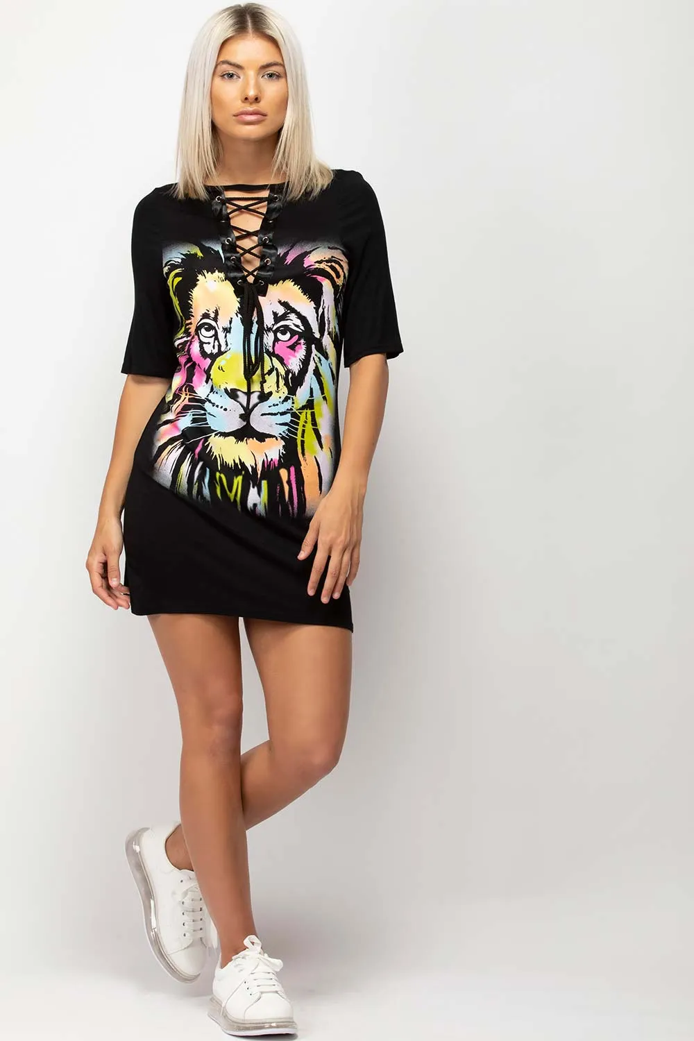 Black Tiger Print T Shirt Dress With Lace Up Front