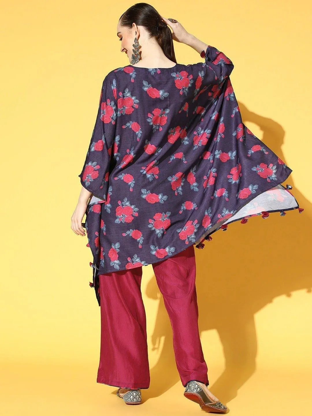 Blue Floral Printed Pleated And Tassel Embelished Kaftan With Silk Trouser