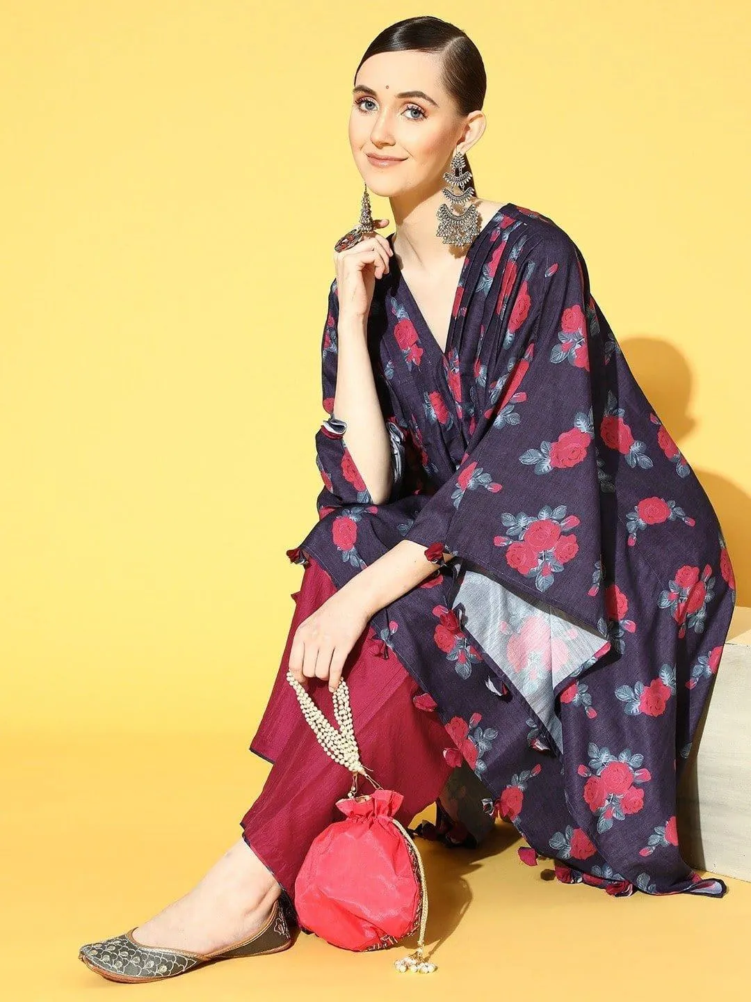 Blue Floral Printed Pleated And Tassel Embelished Kaftan With Silk Trouser