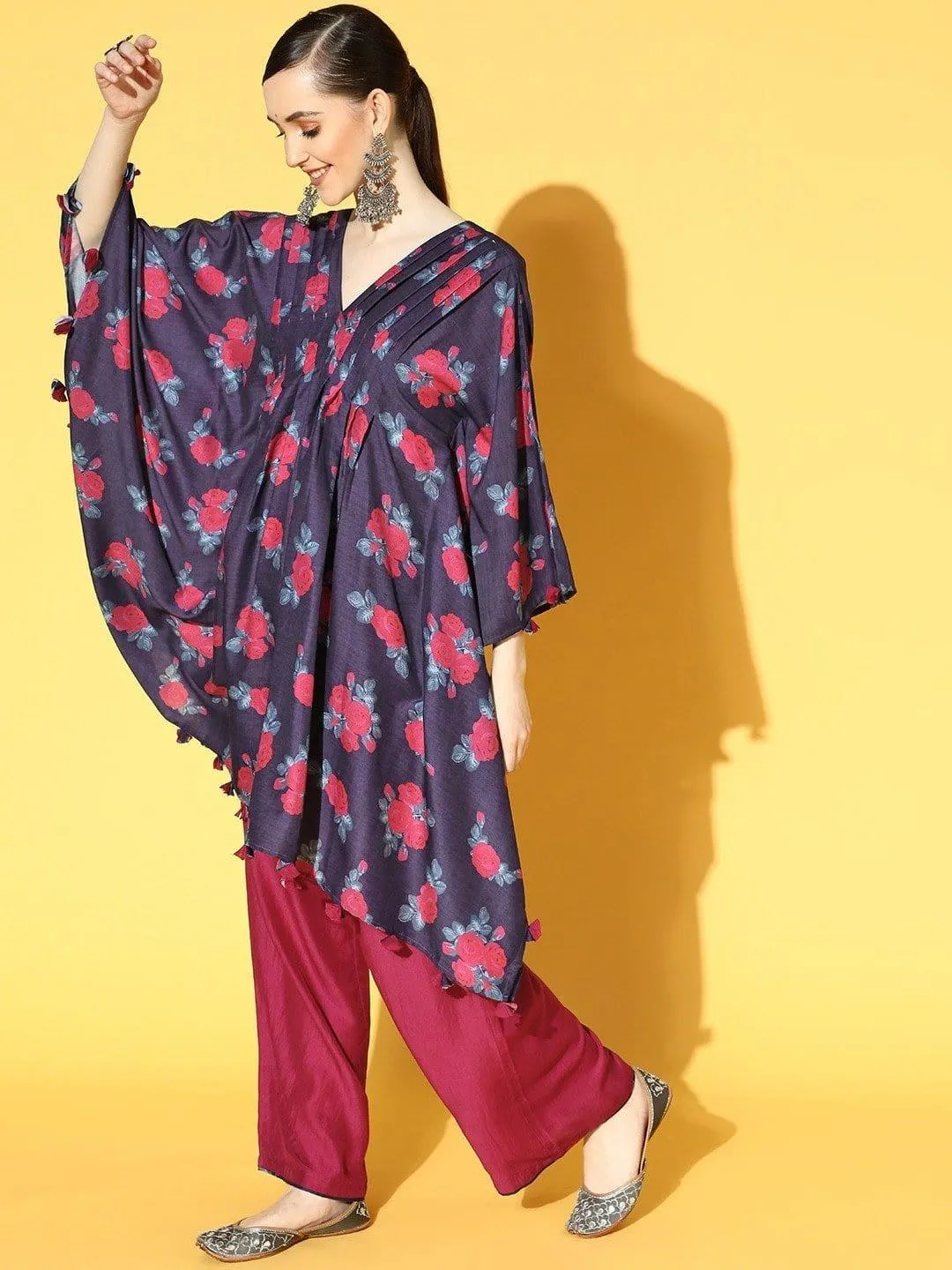 Blue Floral Printed Pleated And Tassel Embelished Kaftan With Silk Trouser