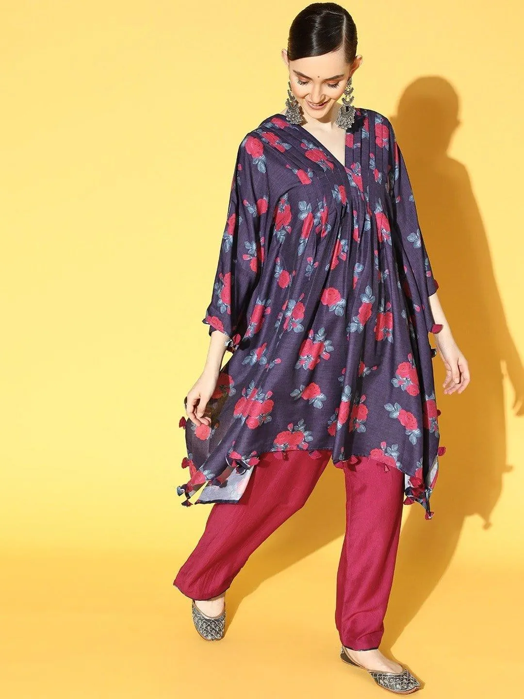 Blue Floral Printed Pleated And Tassel Embelished Kaftan With Silk Trouser