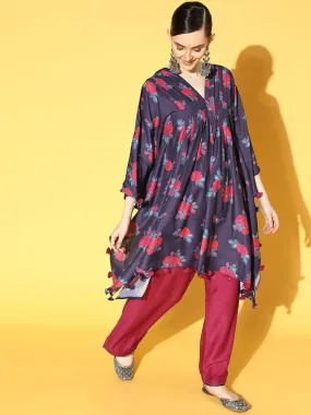 Blue Floral Printed Pleated And Tassel Embelished Kaftan With Silk Trouser