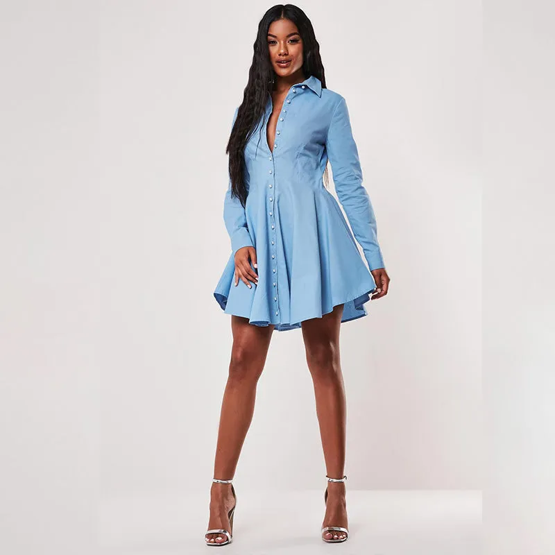 Blue Long Sleeve Button High Waist Shirt Dress
